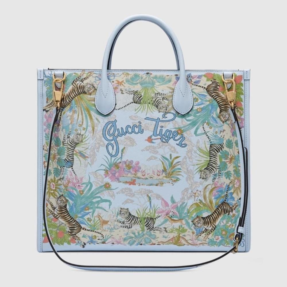 Gucci Tote Bag Shoulder Bag Light Blue Gold Tiger Flower Print Leather - Picture 3 of 7